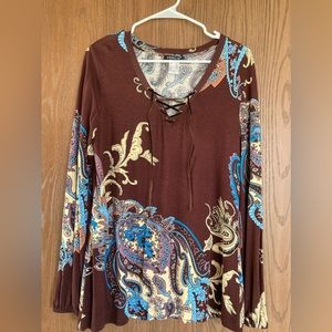 NWOT VENUS Lace Up Chocolate & Turquoise Tunic, size M.